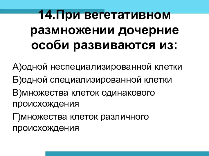 14.При вегетативном размножении дочерние особи развиваются из: А)одной неспециализированной клетки Б)одной специализированной