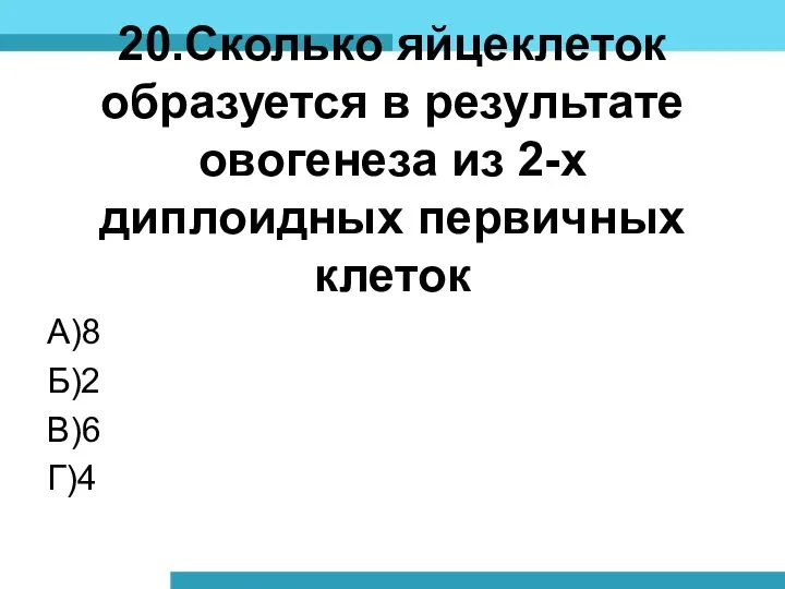 20.Сколько яйцеклеток образуется в результате овогенеза из 2-х диплоидных первичных клеток А)8 Б)2 В)6 Г)4