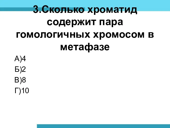 3.Сколько хроматид содержит пара гомологичных хромосом в метафазе А)4 Б)2 В)8 Г)10