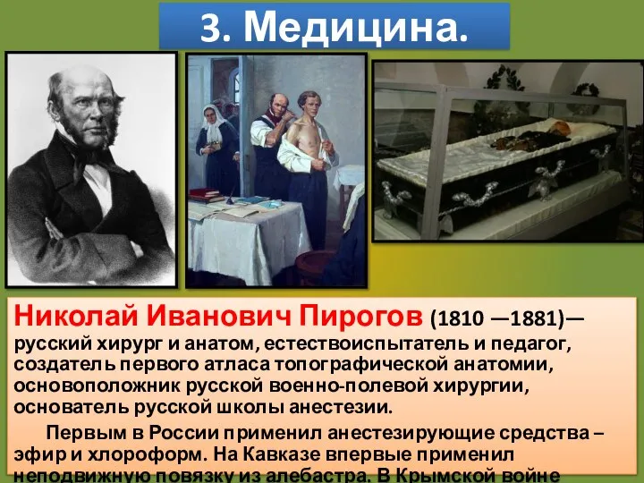 3. Медицина. Николай Иванович Пирогов (1810 —1881)— русский хирург и анатом, естествоиспытатель