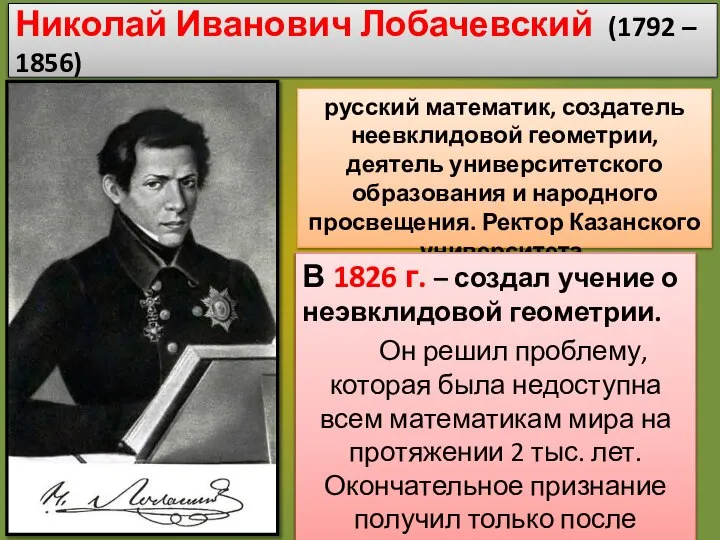 Николай Иванович Лобачевский (1792 – 1856) русский математик, создатель неевклидовой геометрии, деятель