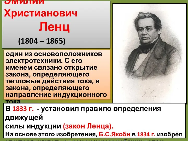 Эмилий Христианович Ленц (1804 – 1865) один из основоположников электротехники. С его