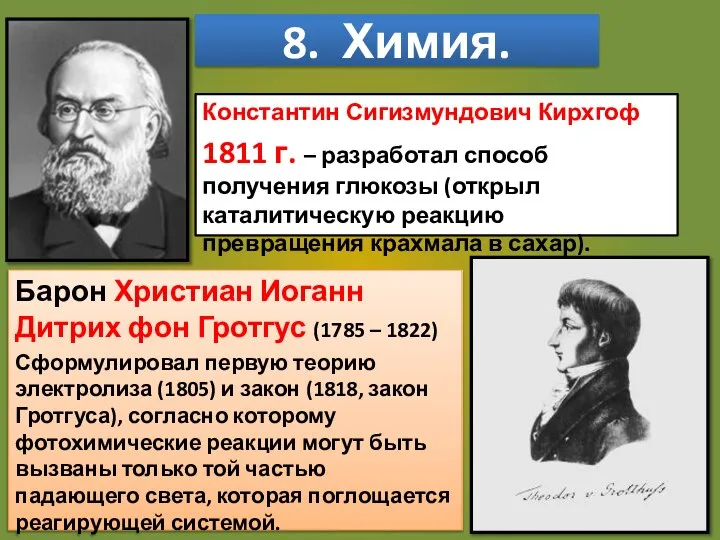 8. Химия. Барон Христиан Иоганн Дитрих фон Гротгус (1785 – 1822) Сформулировал