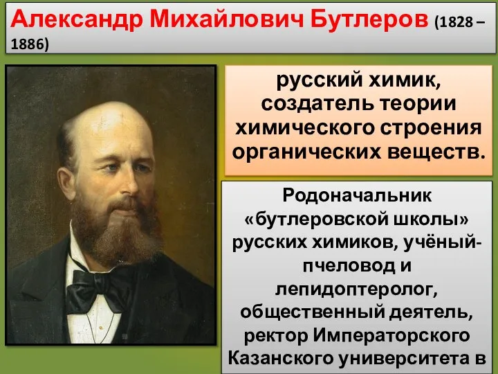 Александр Михайлович Бутлеров (1828 – 1886) русский химик, создатель теории химического строения