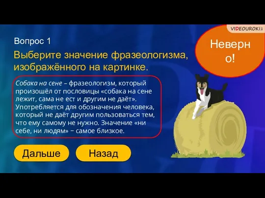 Неверно! Вопрос 1 Выберите значение фразеологизма, изображённого на картинке. Собака на сене