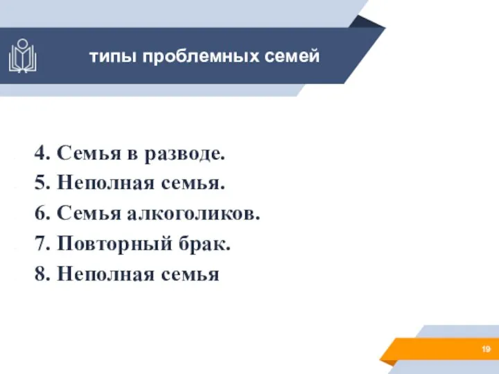 типы проблемных семей 4. Семья в разводе. 5. Неполная семья. 6. Семья