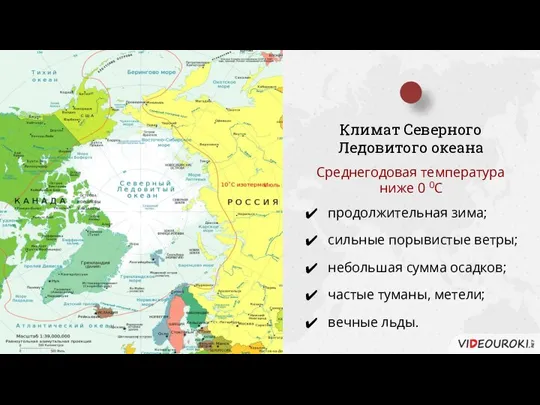 Климат Северного Ледовитого океана продолжительная зима; сильные порывистые ветры; небольшая сумма осадков;