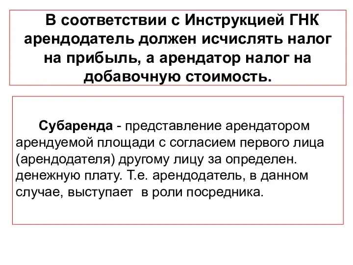 В соответствии с Инструкцией ГНК арендодатель должен исчислять налог на прибыль, а