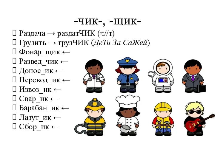 -чик-, -щик- Раздача → раздатЧИК (ч//т) Грузить → грузЧИК (ДеТи За СаЖей)