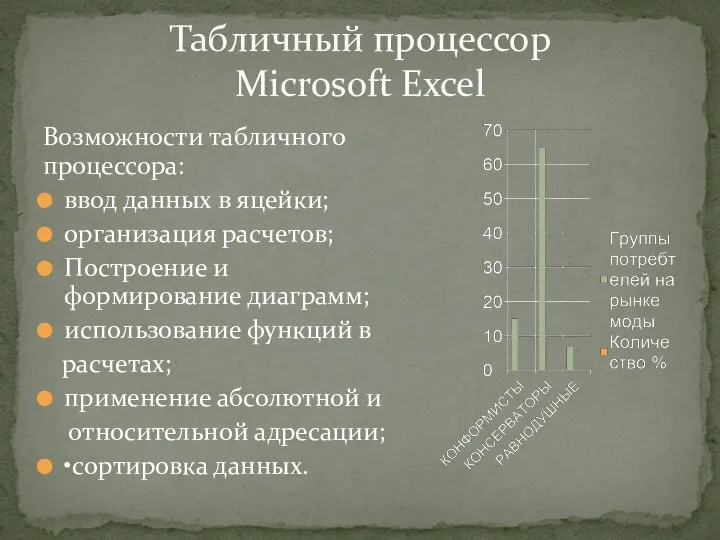 Табличный процессор Microsoft Excel Возможности табличного процессора: ввод данных в яцейки; организация