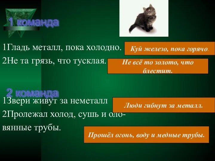 1Гладь металл, пока холодно. 2Не та грязь, что тусклая. 1Звери живут за