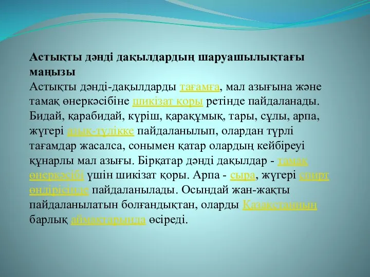 Астықты дәнді дақылдардың шаруашылықтағы маңызы Астықты дәнді-дақылдарды тағамға, мал азығына және тамақ