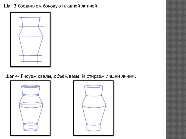 Шаг 3 Соединяем боковую плавной линией. Шаг 4- Рисуем овалы, объем вазы. И стираем лишни линии.