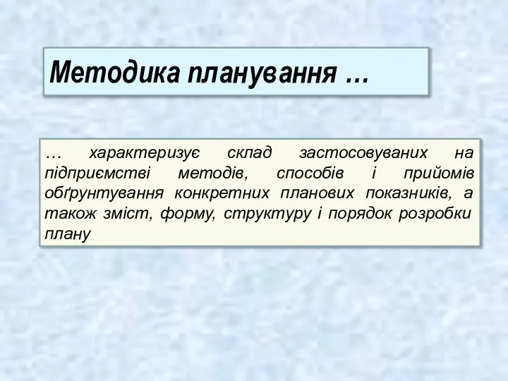 Методика планування … … характеризує склад застосовуваних на підприємстві методів, способів і