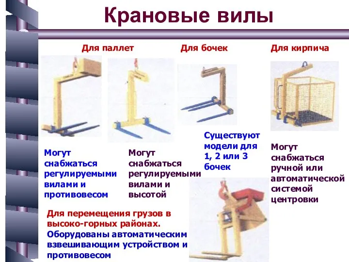 Крановые вилы Для кирпича Могут снабжаться ручной или автоматической системой центровки Для