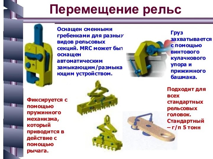 Перемещение рельс Фиксируется с помощью пружинного механизма, который приводится в действие с