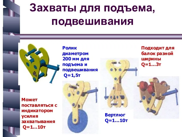 Захваты для подъема, подвешивания Может поставляться с индикатором усилия захватывания Q=1…10т Ролик