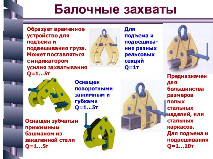 Балочные захваты Образует временное устройство для подъема и подвешивания груза. Может поставляться