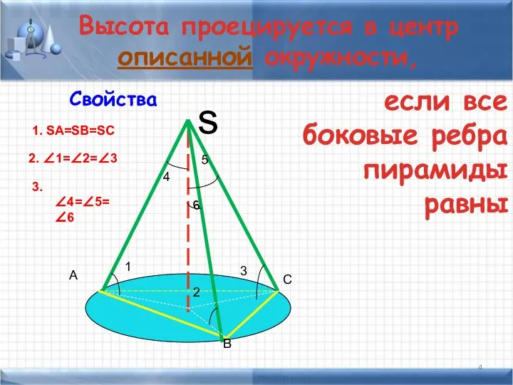 Высота проецируется в центр описанной окружности, Свойства s A B C 1