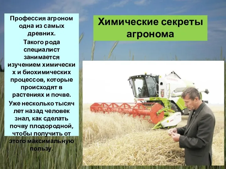 Химические секреты агронома Профессия агроном одна из самых древних. Такого рода специалист