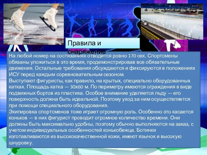 На любой номер на состязаниях отводится ровно 170 сек. Спортсмены обязаны уложиться