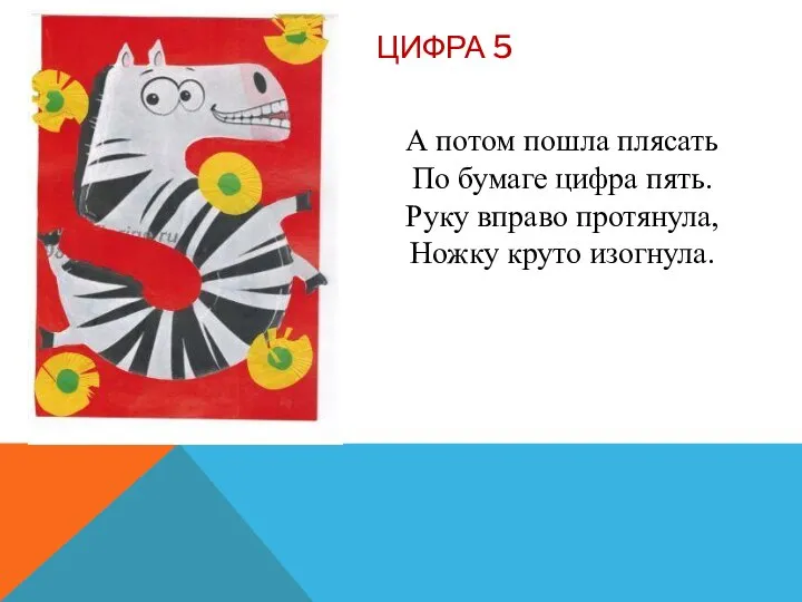 ЦИФРА 5 А потом пошла плясать По бумаге цифра пять. Руку вправо протянула, Ножку круто изогнула.