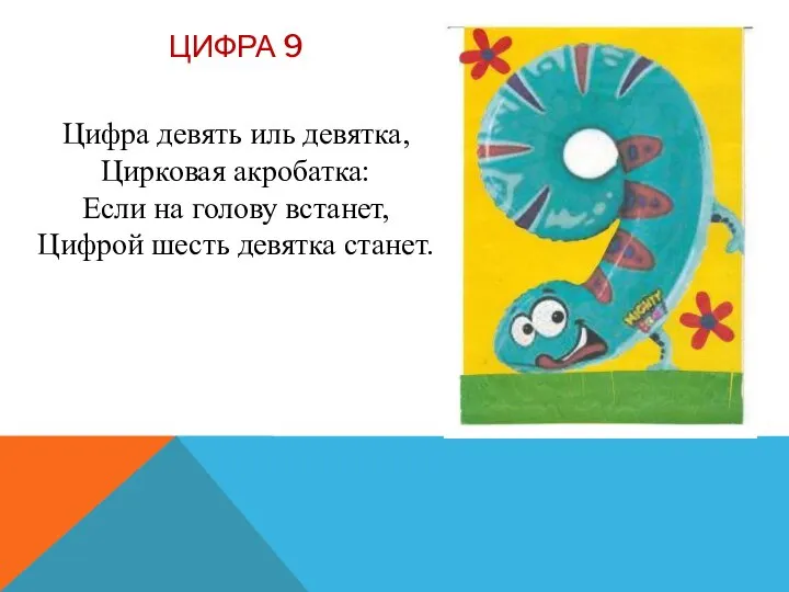 ЦИФРА 9 Цифра девять иль девятка, Цирковая акробатка: Если на голову встанет, Цифрой шесть девятка станет.