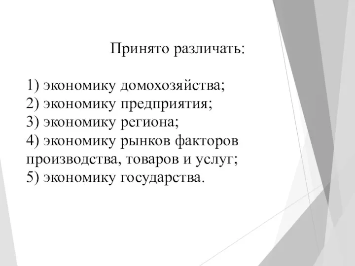 Принято различать: 1) экономику домохозяйства; 2) экономику предприятия; 3) экономику региона; 4)