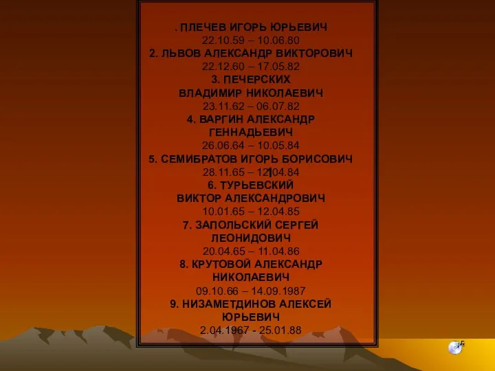 1 . ПЛЕЧЕВ ИГОРЬ ЮРЬЕВИЧ 22.10.59 – 10.06.80 2. ЛЬВОВ АЛЕКСАНДР ВИКТОРОВИЧ