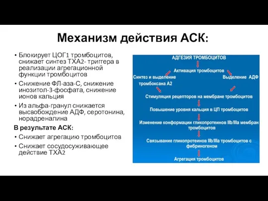 Механизм действия АСК: Блокирует ЦОГ1 тромбоцитов, снижает синтез ТХА2- триггера в реализации