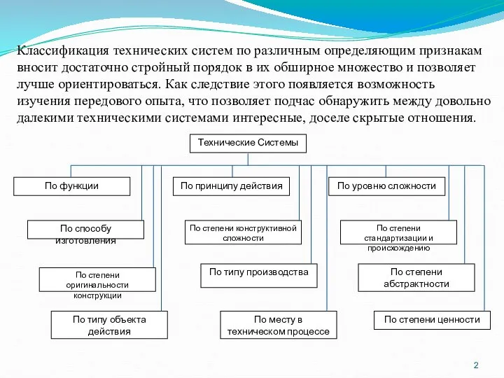 Классификация технических систем по различным определяющим признакам вносит достаточно стройный порядок в