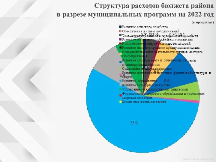 Структура расходов бюджета района в разрезе муниципальных программ на 2022 год (в процентах)