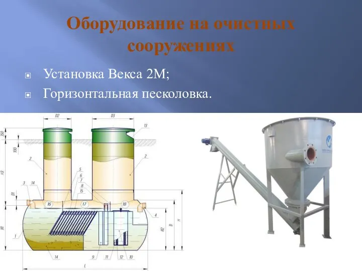 Оборудование на очистных сооружениях Установка Векса 2М; Горизонтальная песколовка.