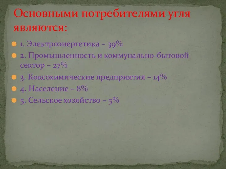 1. Электроэнергетика – 39% 2. Промышленность и коммунально-бытовой сектор – 27% 3.