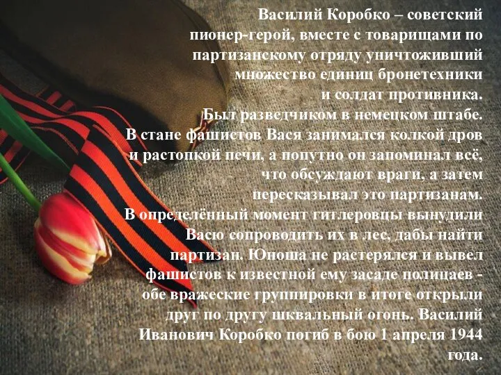 Василий Коробко – советский пионер-герой, вместе с товарищами по партизанскому отряду уничтоживший