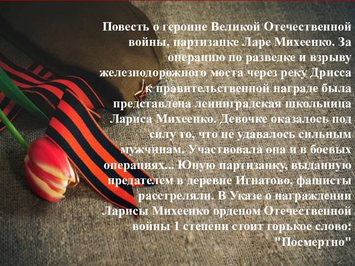 Повесть о героине Великой Отечественной войны, партизанке Ларе Михеенко. За операцию по