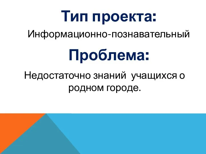 Тип проекта: Информационно-познавательный Проблема: Недостаточно знаний учащихся о родном городе.