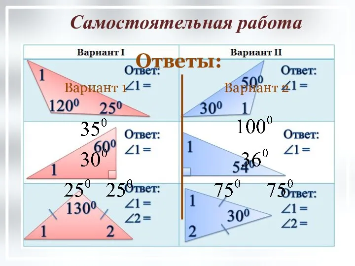 Самостоятельная работа Ответы: Вариант 1 Вариант 2