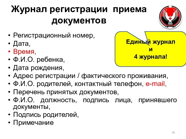 Журнал регистрации приема документов Регистрационный номер, Дата, Время, Ф.И.О. ребенка, Дата рождения,