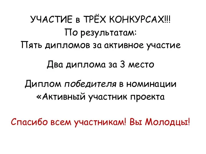 УЧАСТИЕ в ТРЁХ КОНКУРСАХ!!! По результатам: Пять дипломов за активное участие Два