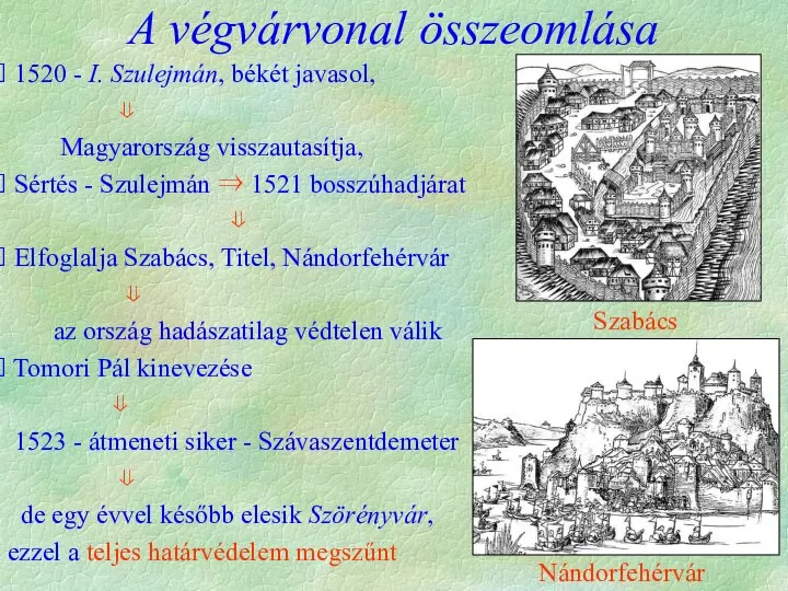 A végvárvonal összeomlása Szabács Nándorfehérvár 1520 - I. Szulejmán, békét javasol, ⇓