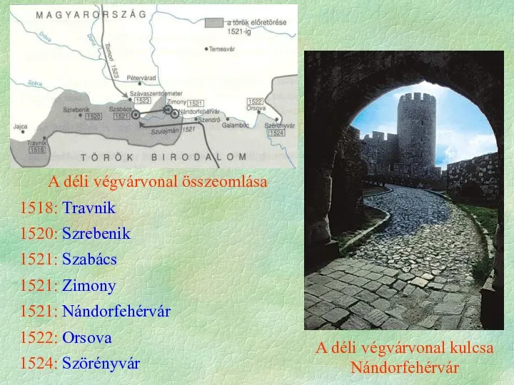 A déli végvárvonal kulcsa Nándorfehérvár A déli végvárvonal összeomlása 1518: Travnik 1520: