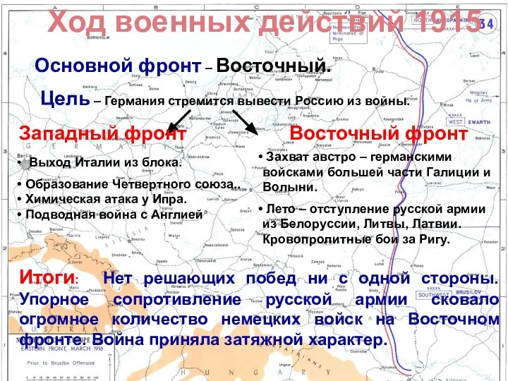 Основной фронт – Восточный. Цель – Германия стремится вывести Россию из войны.