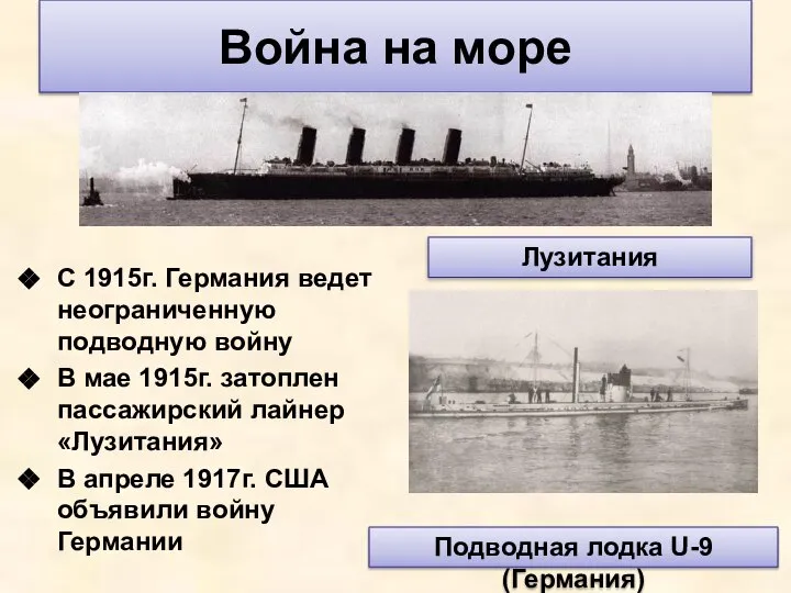 Война на море С 1915г. Германия ведет неограниченную подводную войну В мае