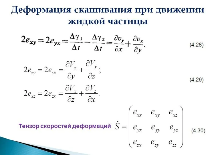 Деформация скашивания при движении жидкой частицы . Тензор скоростей деформаций (4.28) (4.29)