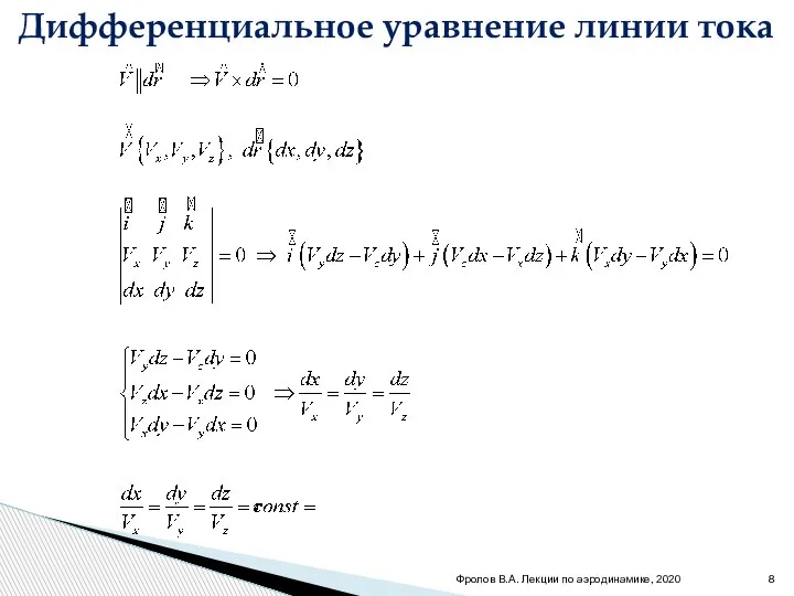 Фролов В.А. Лекции по аэродинамике, 2020 Дифференциальное уравнение линии тока