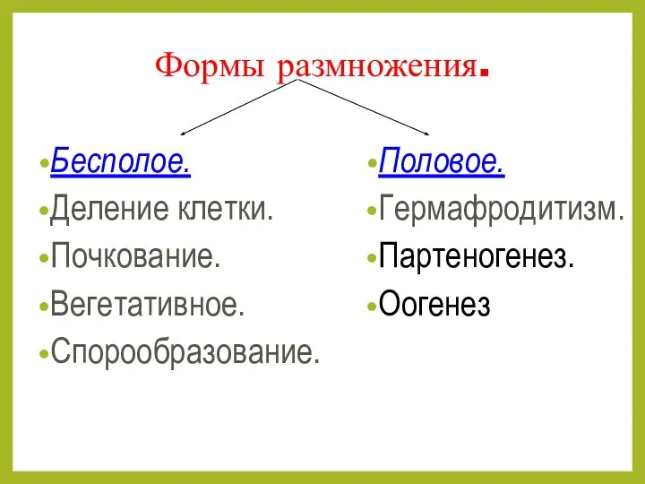 Бесполое. Деление клетки. Почкование. Вегетативное. Спорообразование. Формы размножения. Половое. Гермафродитизм. Партеногенез. Оогенез