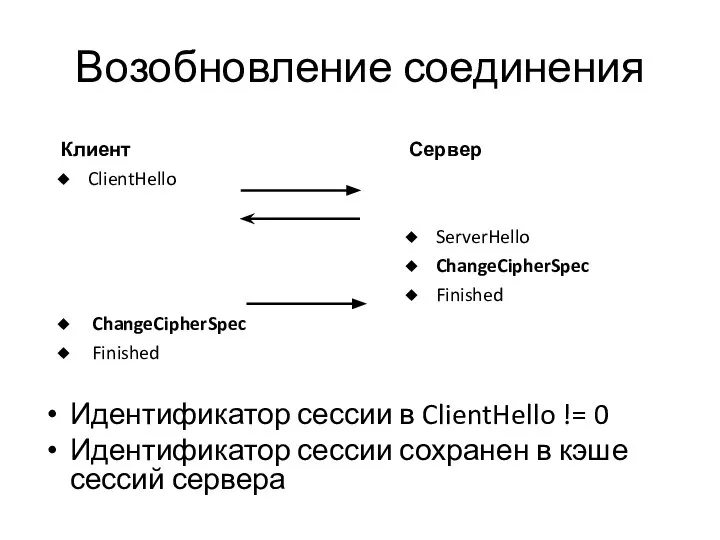 Возобновление соединения Идентификатор сессии в ClientHello != 0 Идентификатор сессии сохранен в