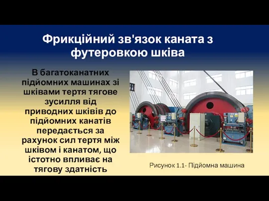 Фрикційний зв'язок каната з футеровкою шківа В багатоканатних підйомних машинах зі шківами