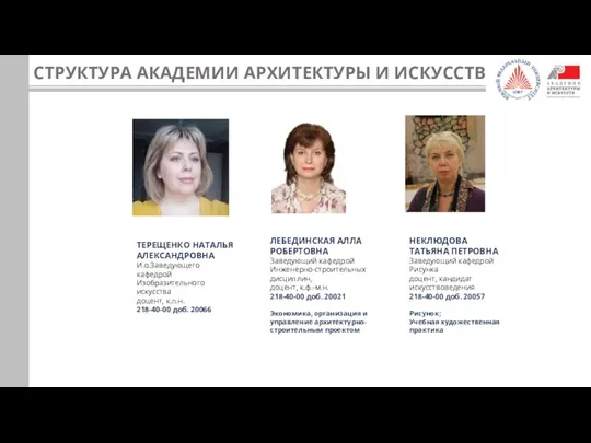 СТРУКТУРА АКАДЕМИИ АРХИТЕКТУРЫ И ИСКУССТВ ЛЕБЕДИНСКАЯ АЛЛА РОБЕРТОВНА Заведующий кафедрой Инженерно-строительных дисциплин,